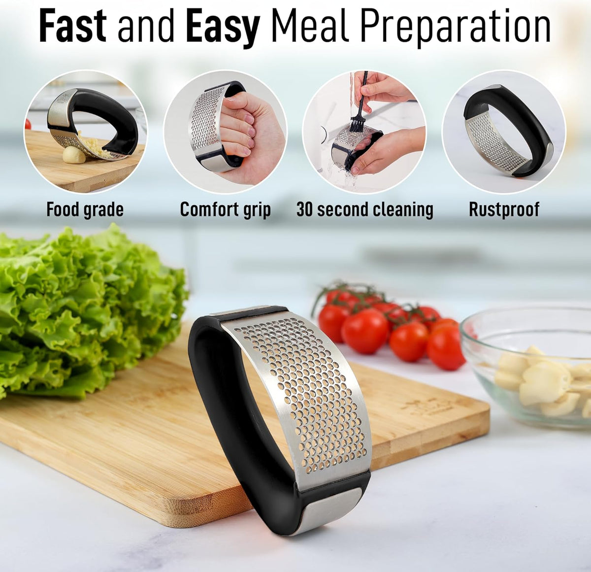 Zulay Kitchen Stainless Steel Garlic Press Rocker Set - Premium Garlic Mincer Garlic Crusher - New Innovative Garlic Crusher with Peeler and Scraper