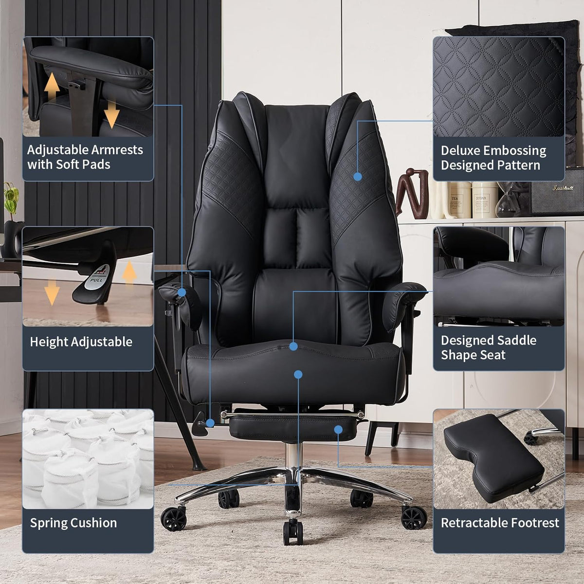 Big and Tall Office Chair 400lbs Wide Seat, Leather High Back Executive Office Chair with Foot Rest, Ergonomic Chairs Lumbar Support for Lower Back