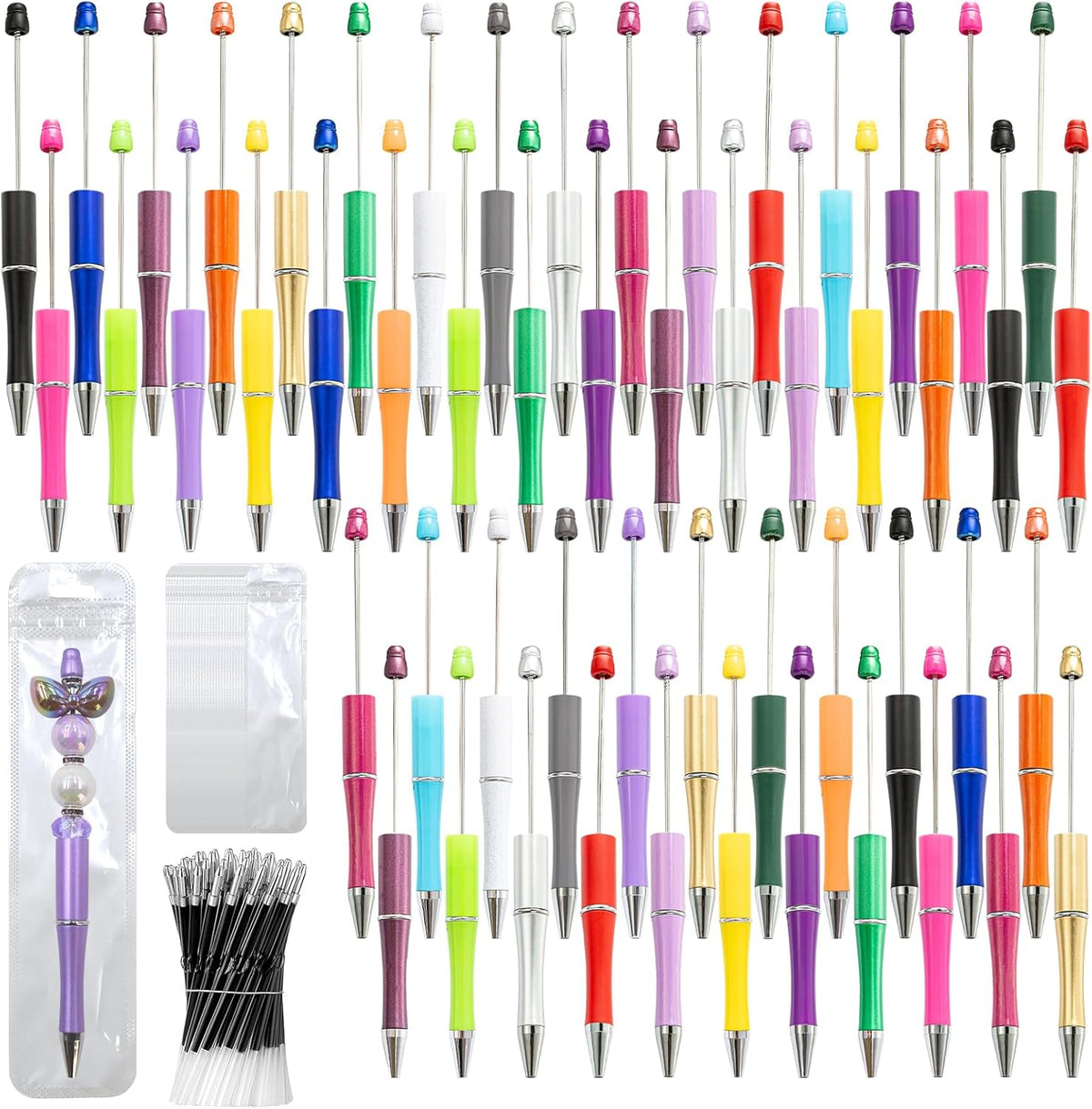 150 Pieces DIY Beadable Pen Kit – 50 Plastic Ballpoint Pens with Refills & Bags, Beads Not Included – School Supplies, Office Accessories & Craft