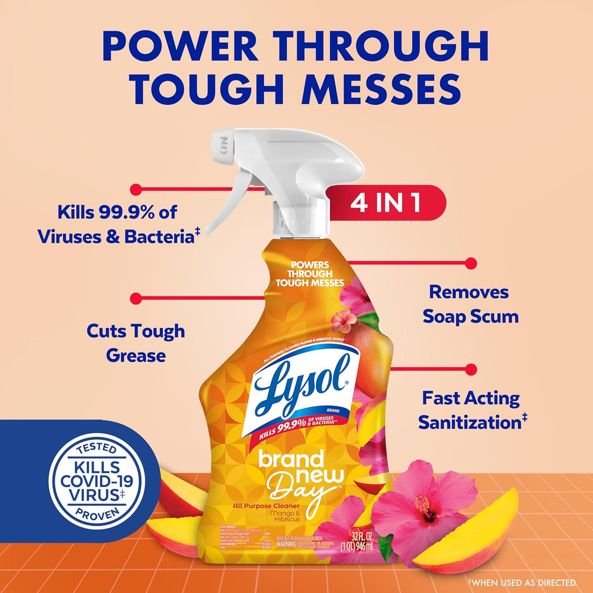 Lysol All Purpose Cleaner Spray, Multi-Purpose Disinfecting Spray, Kitchen & Bathroom Cleaner, Mango & Hibiscus Scent, 32 Fl Oz