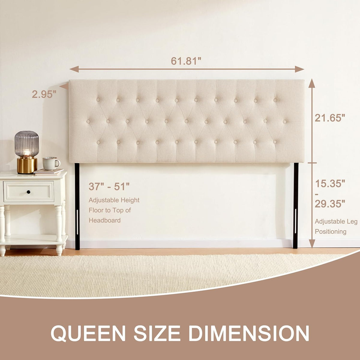 Tufted Upholstered Headboard Queen Size, Solid Wood Head Board with Durable Metal Legs, Adjustable Height Bed headboard from 37” to 51” Fabric