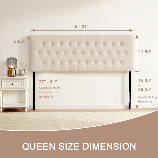 Tufted Upholstered Headboard Queen Size, Solid Wood Head Board with Durable Metal Legs, Adjustable Height Bed headboard from 37” to 51” Fabric