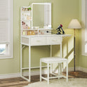 Small Vanity Desk with Mirror and Lights, Makeup Vanity with Fabric Storage Drawer, Chair and Three Shelves, White Vanity with Power Outlet and