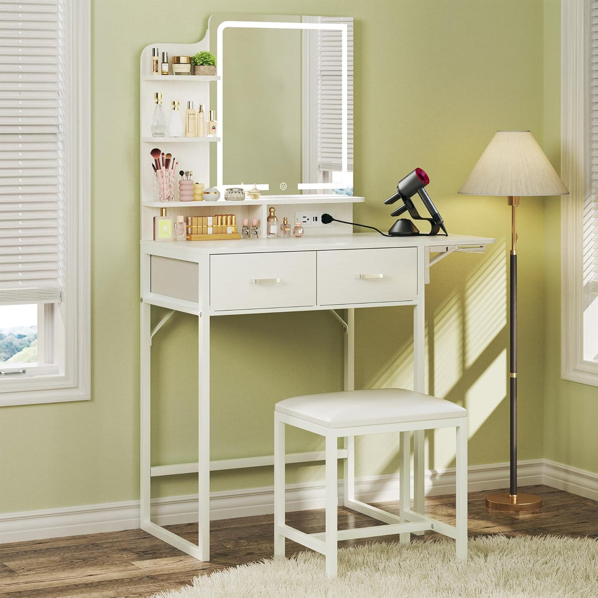 Small Vanity Desk with Mirror and Lights, Makeup Vanity with Fabric Storage Drawer, Chair and Three Shelves, White Vanity with Power Outlet and