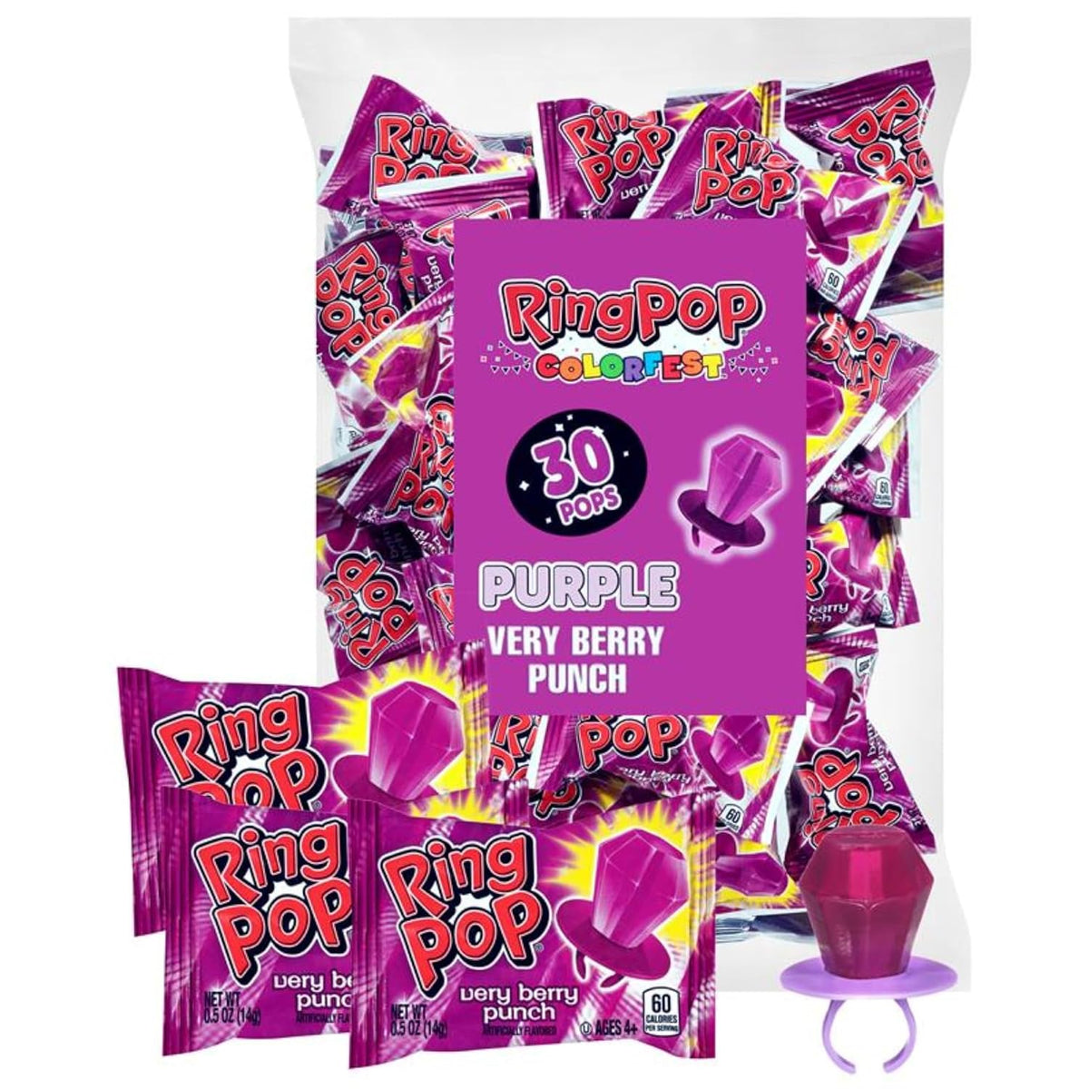 Ring Pop Purple Easter Candy Lollipops, 30Ct Bulk Individually Wrapped in Very Berry Punch Flavor, Full Size, Fun Hard Candy For Birthday Parties