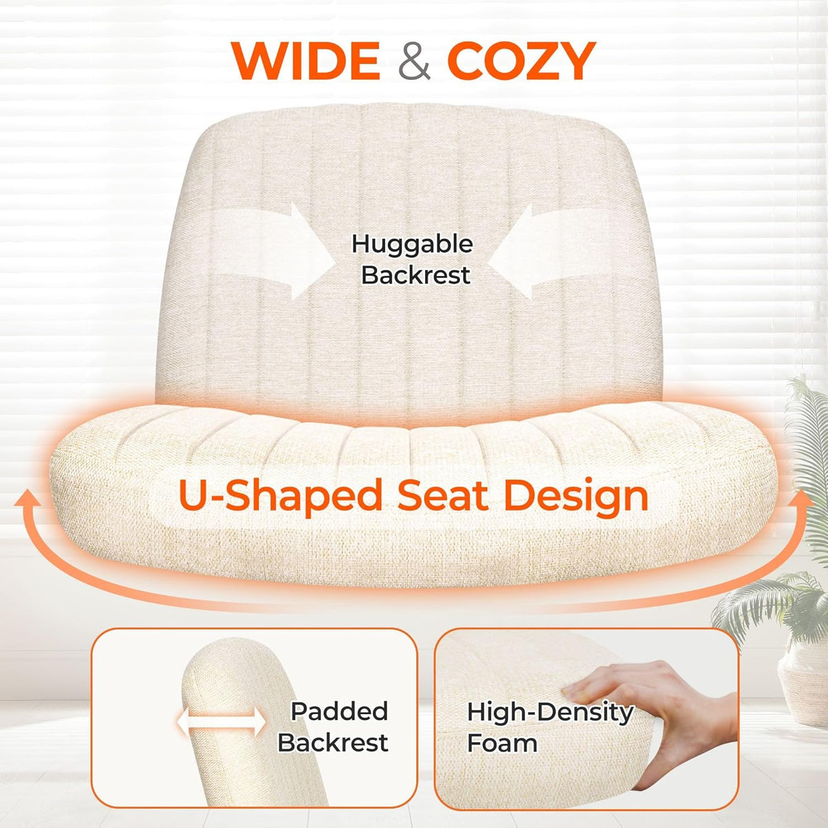 Orange Factory Criss Cross Chair Wheels Wide Cross Legged Office Desk Vanity Chair Comfy Fabric Armless Adjustable Swivel for Home Computer Task