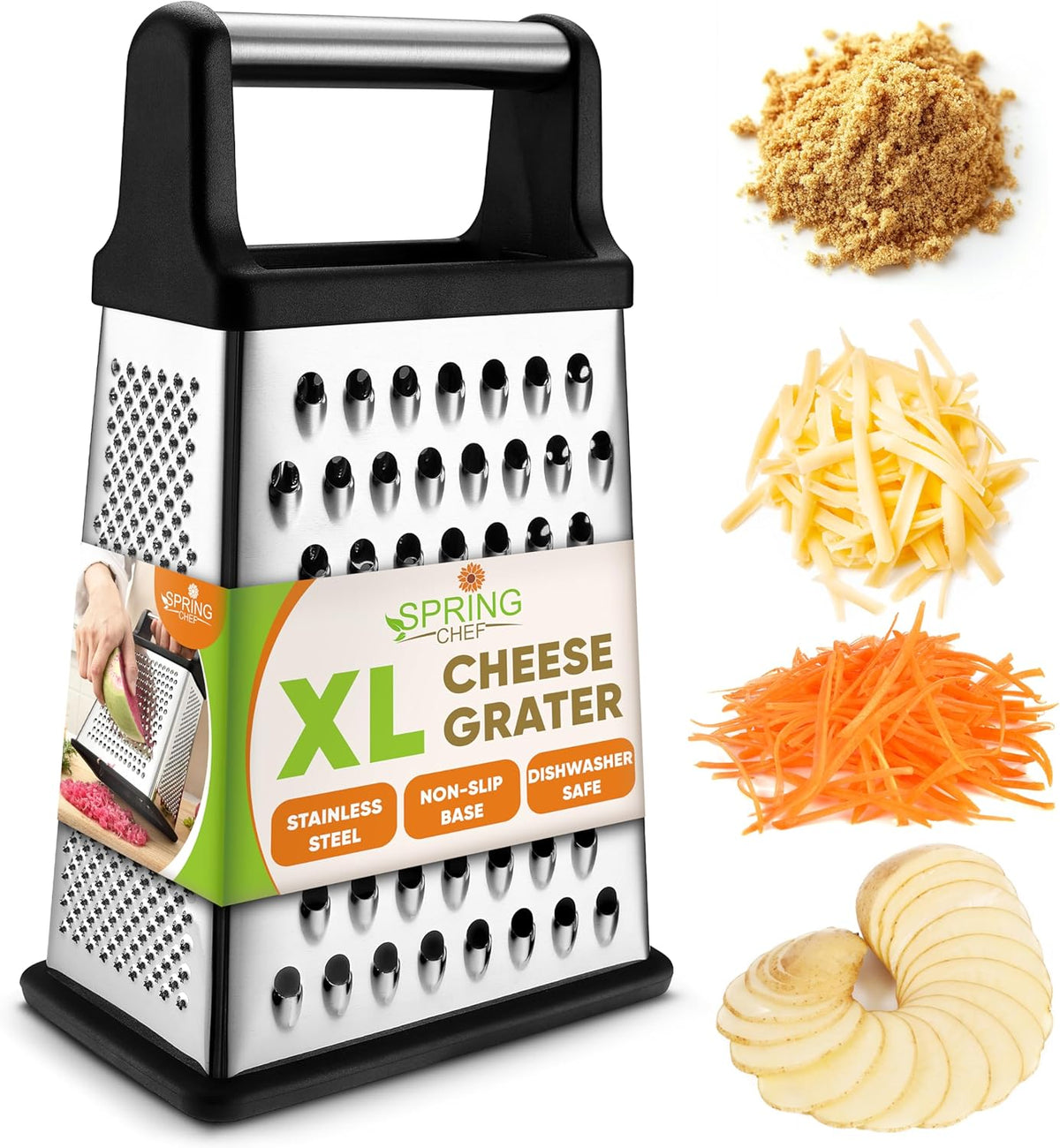 Spring Chef Professional Cheese Grater - Stainless Steel, XL Size, 4 Sides - Perfect Box Grater for Parmesan Cheese, Vegetables, Ginger - Dishwasher