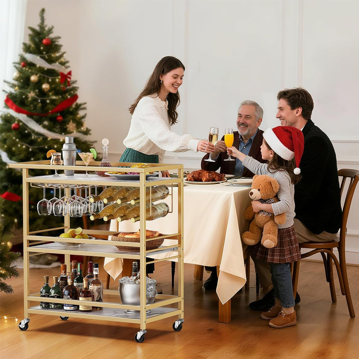 Leteuke Bar Cart for Home, 3 Tier Gold Serving Rolling Carts with Wheels, Drink Cart, Liquor Stand with Marbled Wooden Shelves, Wine Rack and Glass