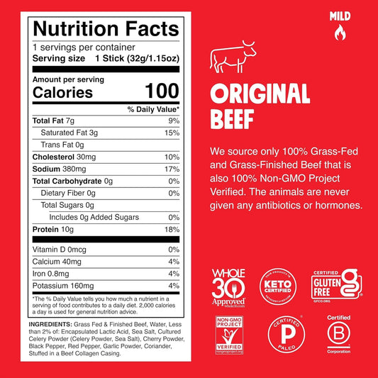 Chomps Grass-Fed and Finished Original Beef Jerky Snack Sticks 10-Pack - Keto, Paleo, Whole30, 10g Lean Meat Protein, Gluten-Free, Zero Sugar Food