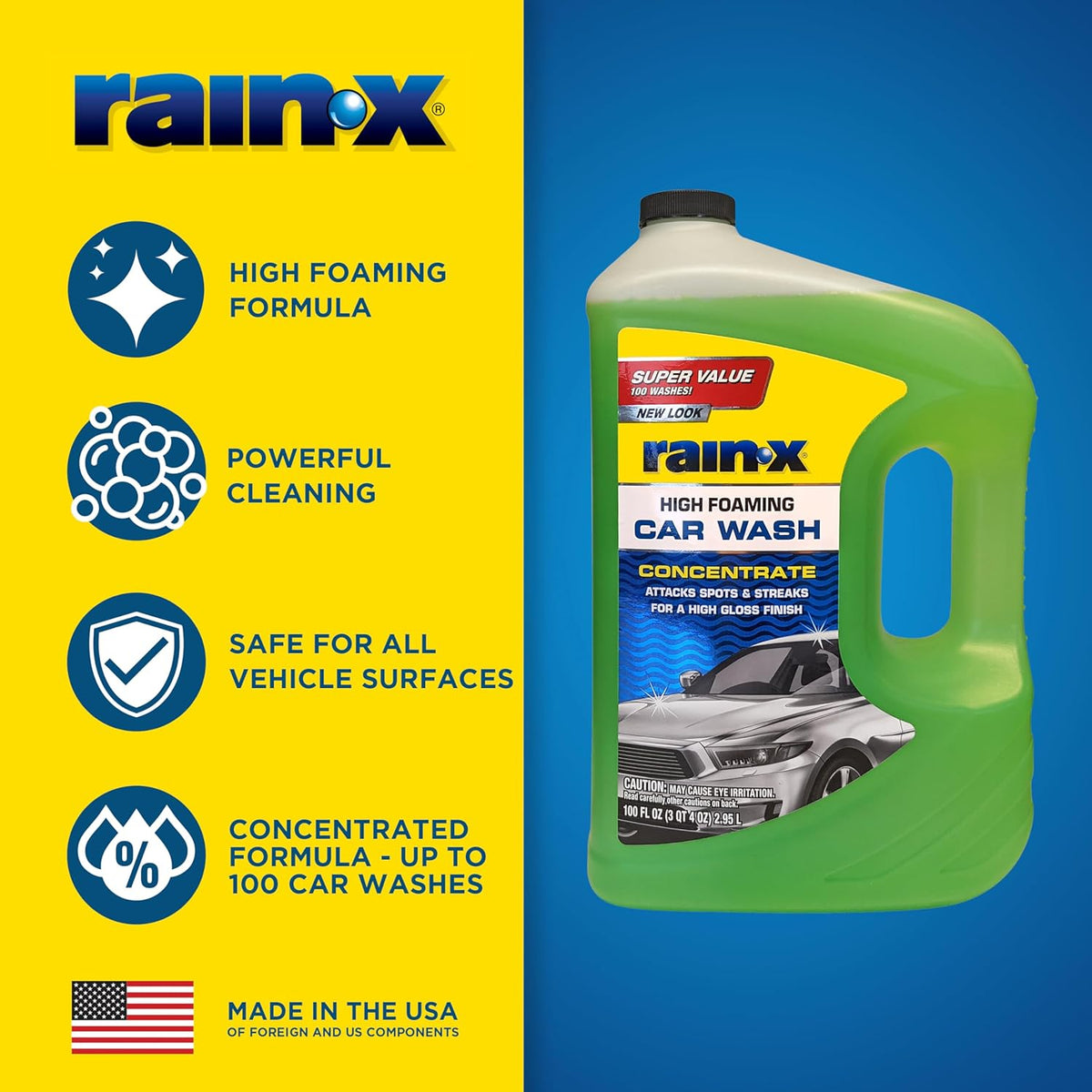 Rain-X 620191 Foaming Car Wash - 100 fl oz. High-Foaming, Concentrated Formula for Greater Cleaning Action, Safely Lifting Dirt, Grime and Residues