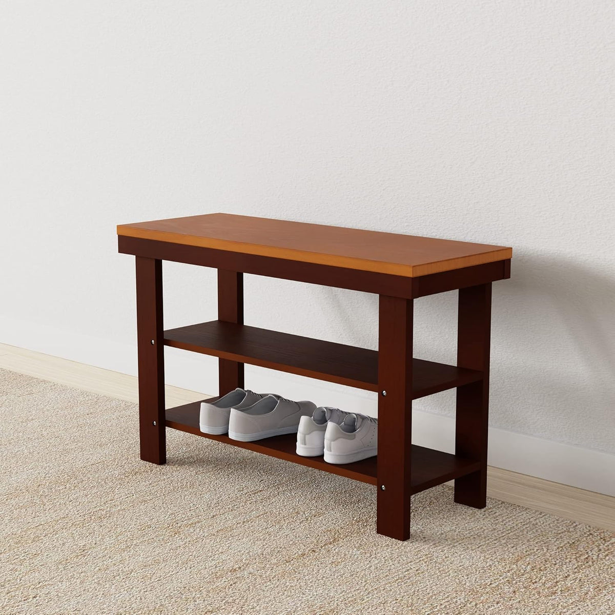 Solid Pine Wood Entryway Shoe Rack Bench, Espresso, 10.4" D x 27.56" W x 17.72" H
