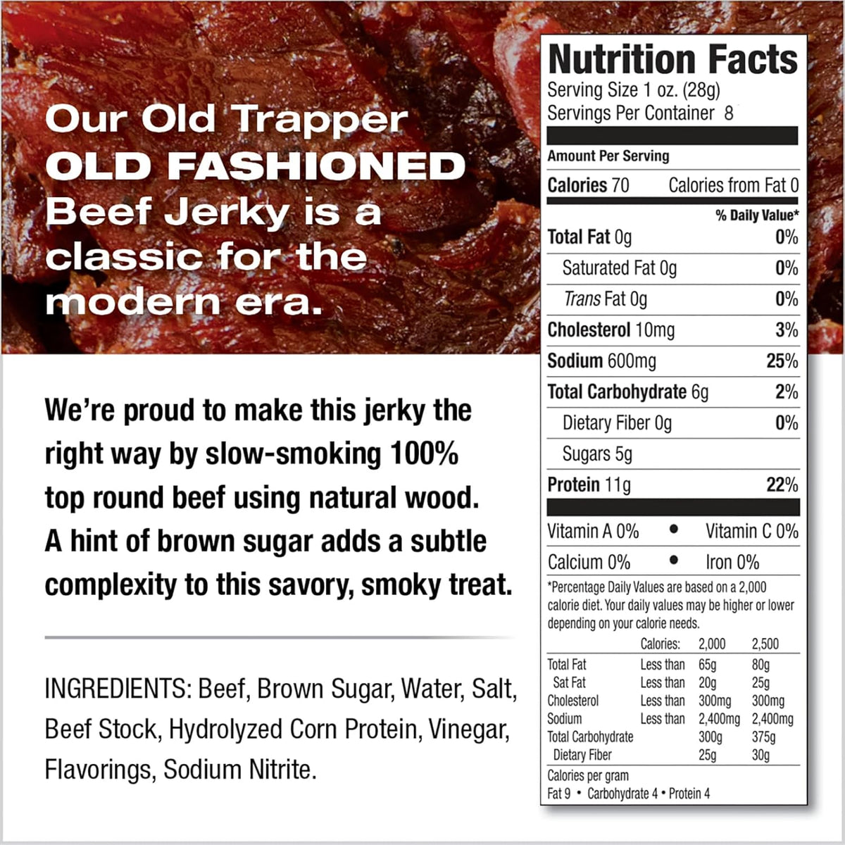 Old Trapper Beef Jerky, Old-Fashioned 8 Ounce Bag, Tender Meat Snacks for Lunches or Between Meals, 11 Grams of Protein, Zero Grams of Fat, and 70