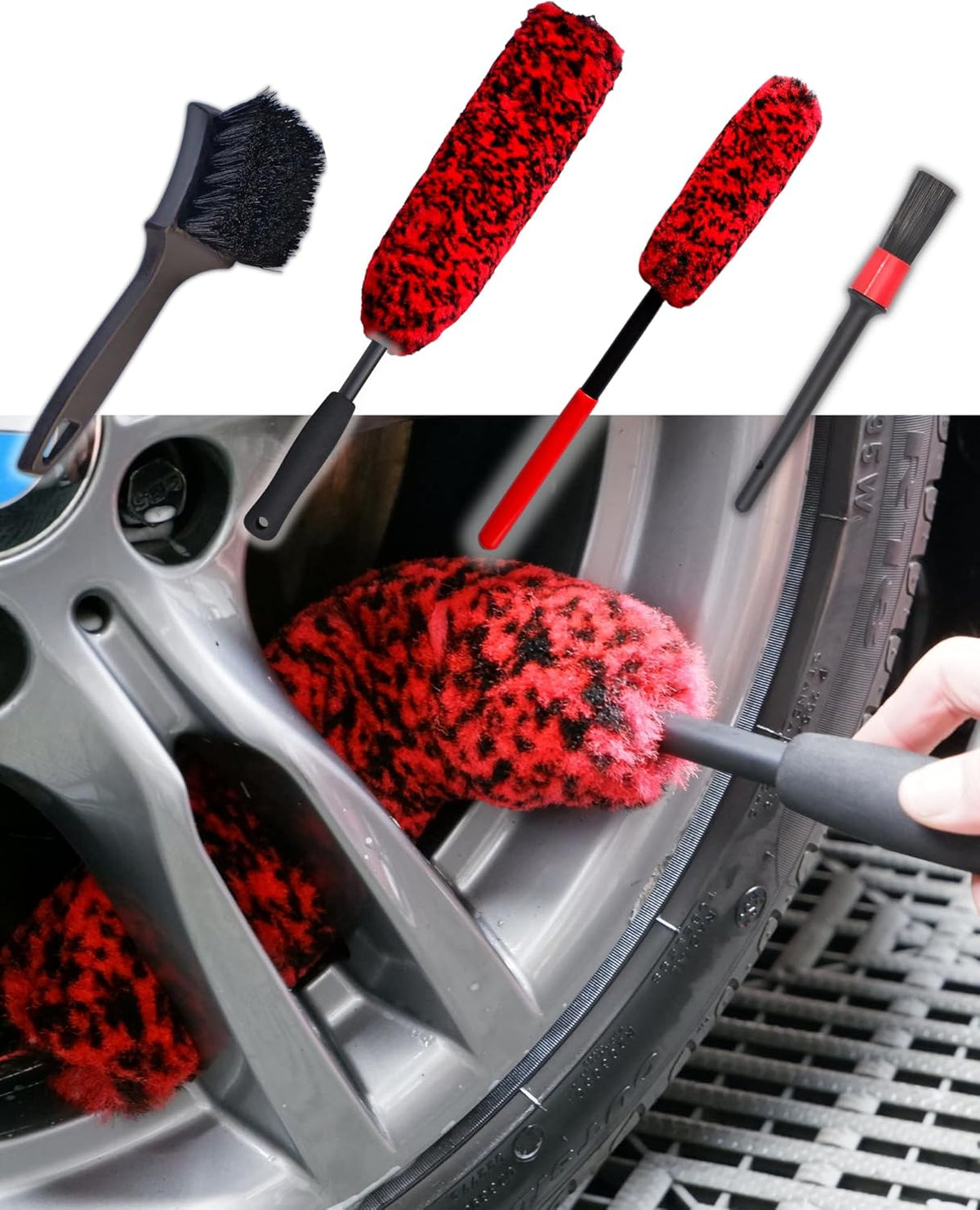 Professional 4 Pack Long Handle Wheel Brush Kit for Cleaning Wheel and Tire- 2X Soft Wheel Cleaning Brush, Detailing Brush and Stiff Tire Brush