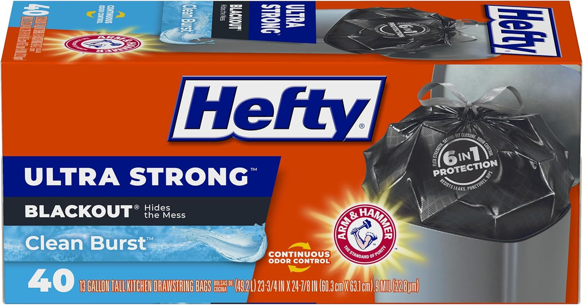 Hefty Ultra Strong 13 Gallon Trash Bags, Black Tall Kitchen Trash Bags 13 Gallon Size, Break Resistant Drawstring Enclosure, Continuous Odor Control