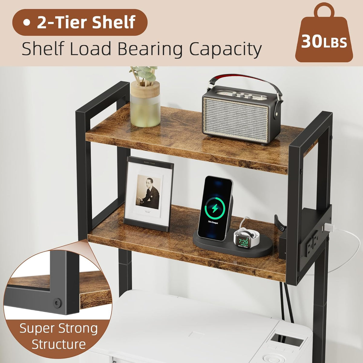 Small 3 Drawer File Cabinet with Charging Station, 45''H, 3-Tier Filing Cabinet for Home Office, 11''*16'' for Small Printer, Fabric Drawer Fits