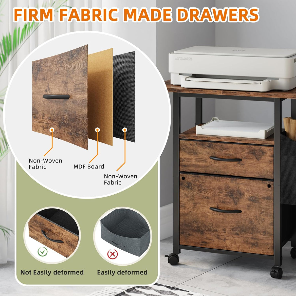 GYIIYUO 2 Drawer File Cabinet with 24'' Extended Desktop, Mobile Filing Cabinet, Rolling File Cabinet with Side Bag, Fabric Drawer, Fits A4/Letter