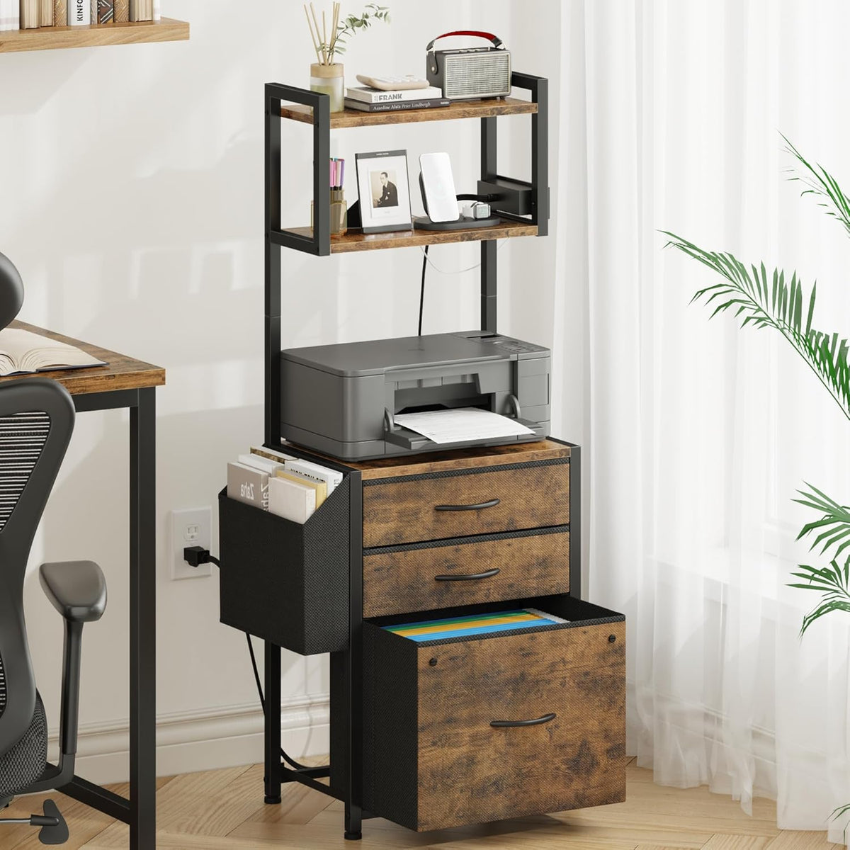 Small 3 Drawer File Cabinet with Charging Station, 45''H, 3-Tier Filing Cabinet for Home Office, 11''*16'' for Small Printer, Fabric Drawer Fits