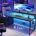 AODK 59 Inch Gaming Desk with USB Charging Ports & LED Light- Reversible Computer Desk with Storage Shelves & Monitor Stand, Modern Gamer Desk Table