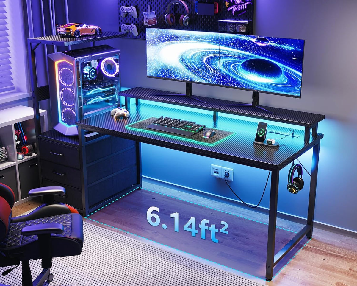 AODK 59 Inch Gaming Desk with USB Charging Ports & LED Light- Reversible Computer Desk with Storage Shelves & Monitor Stand, Modern Gamer Desk Table