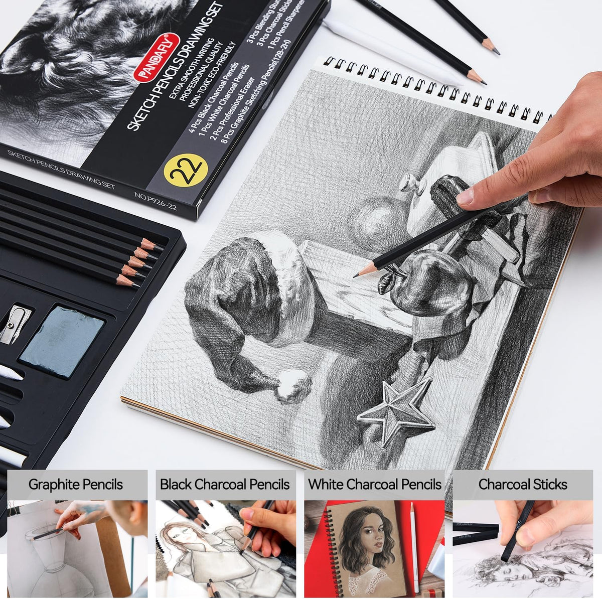 PANDAFLY Drawing Sketching Pencil Set, 22 Piece Pro Art Pencil Kit - Graphite Pencils (12B-2H), Black and White Charcoal Pencils, Charcoal Sticks