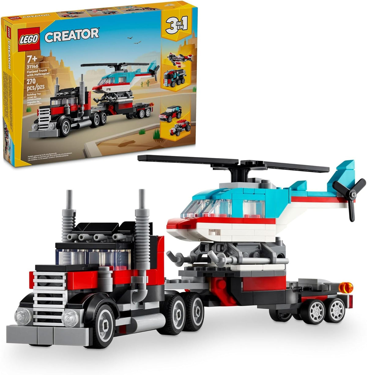 LEGO Creator 3 in 1 Flatbed Truck with Helicopter Toy, Transforms from Flatbed Truck Toy to Propeller Plane to Hot Rod and SUV Cars, Gift Idea for