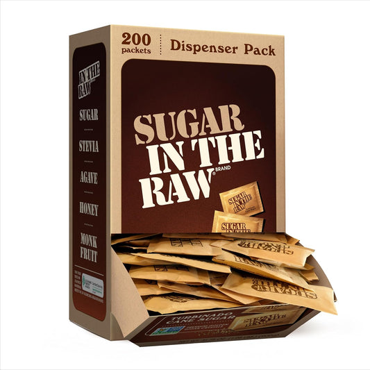 In The Raw Turbinado Cane Sugar Packets, 200 Ct Box, 1 Pack, Pure, All-Natural Turbinado Sugar, Non-GMO Project Verified, Kosher, Vegan and Gluten