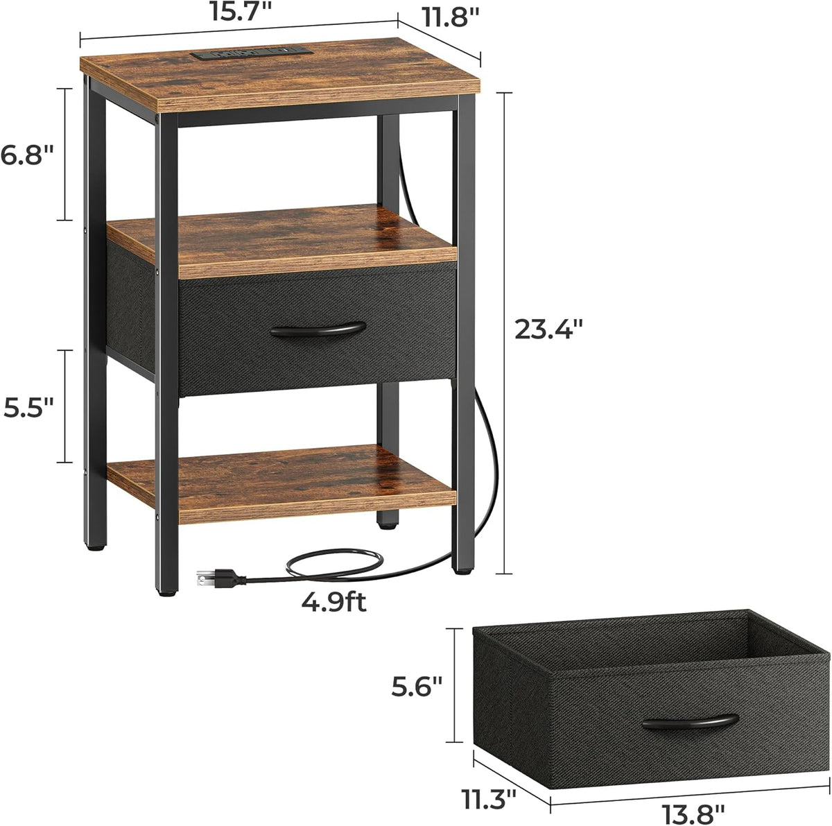 SUPERJARE Nightstand with Charging Station, Bed Side Table with Adjustable Fabric Drawer, Night Stand for Bedroom, 3-Tier Storage End Table