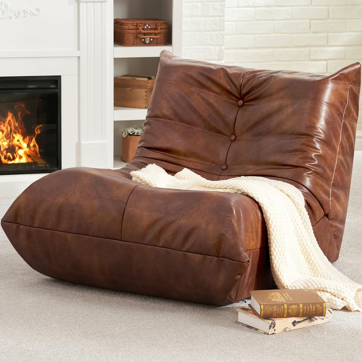 Hobestluk Giant Bean Bag Chair Lazy Floor Sofa, Memory Foam Fireside Sofa for Adults, Big Beanbag Faux Leather Armless Chair for Living Room Bedroom