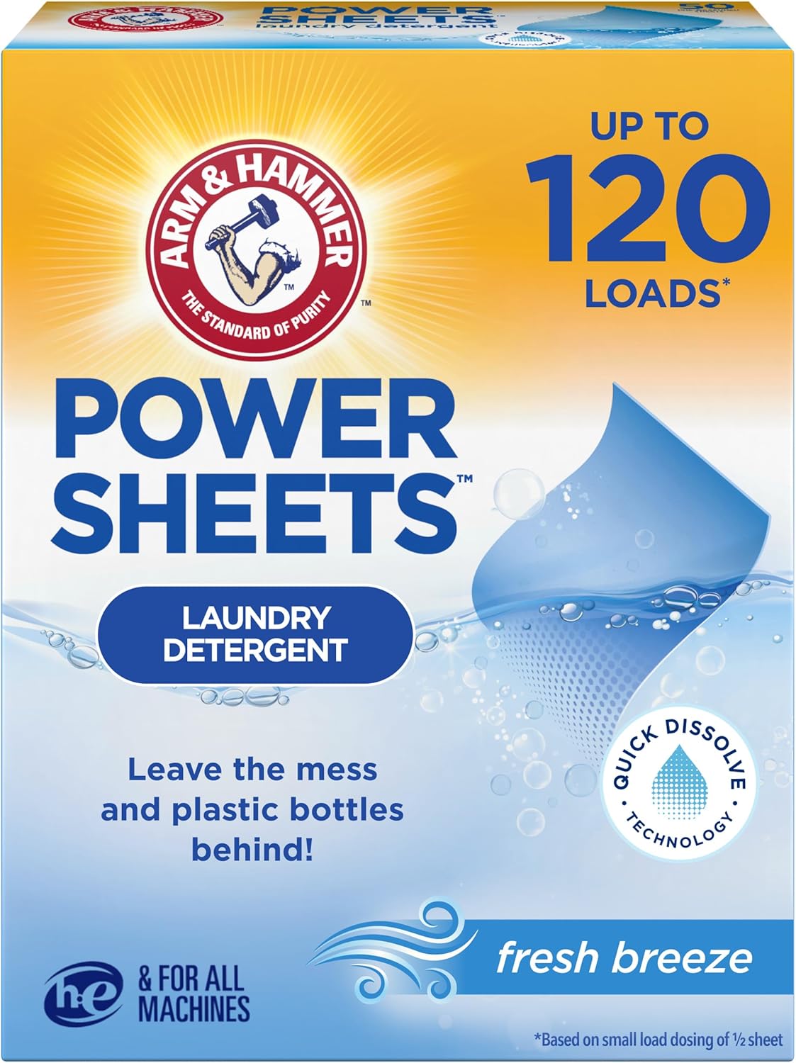 ARM & HAMMER Power Sheets Laundry Detergent, Fresh Breeze Scent, Dissolves in All Wash Temps, Lightweight and Travel-Ready, 60ct, Up to 120 Small