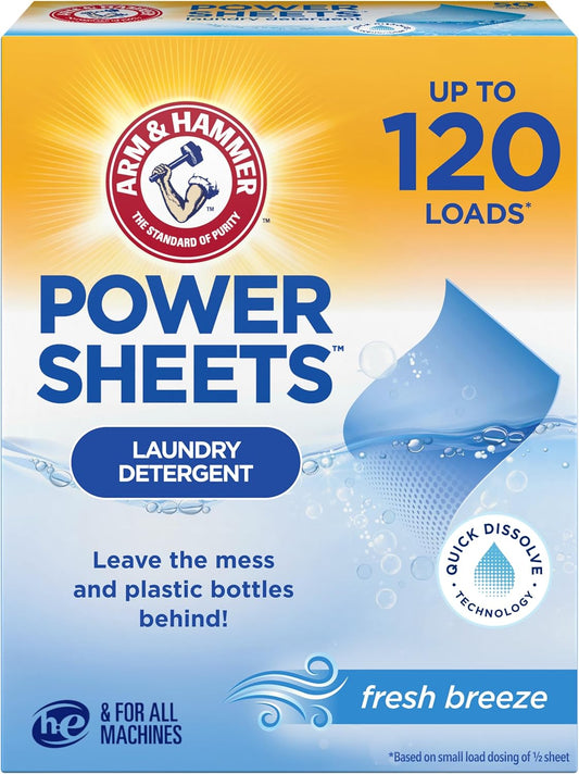 ARM & HAMMER Power Sheets Laundry Detergent, Fresh Breeze Scent, Dissolves in All Wash Temps, Lightweight and Travel-Ready, 60ct, Up to 120 Small