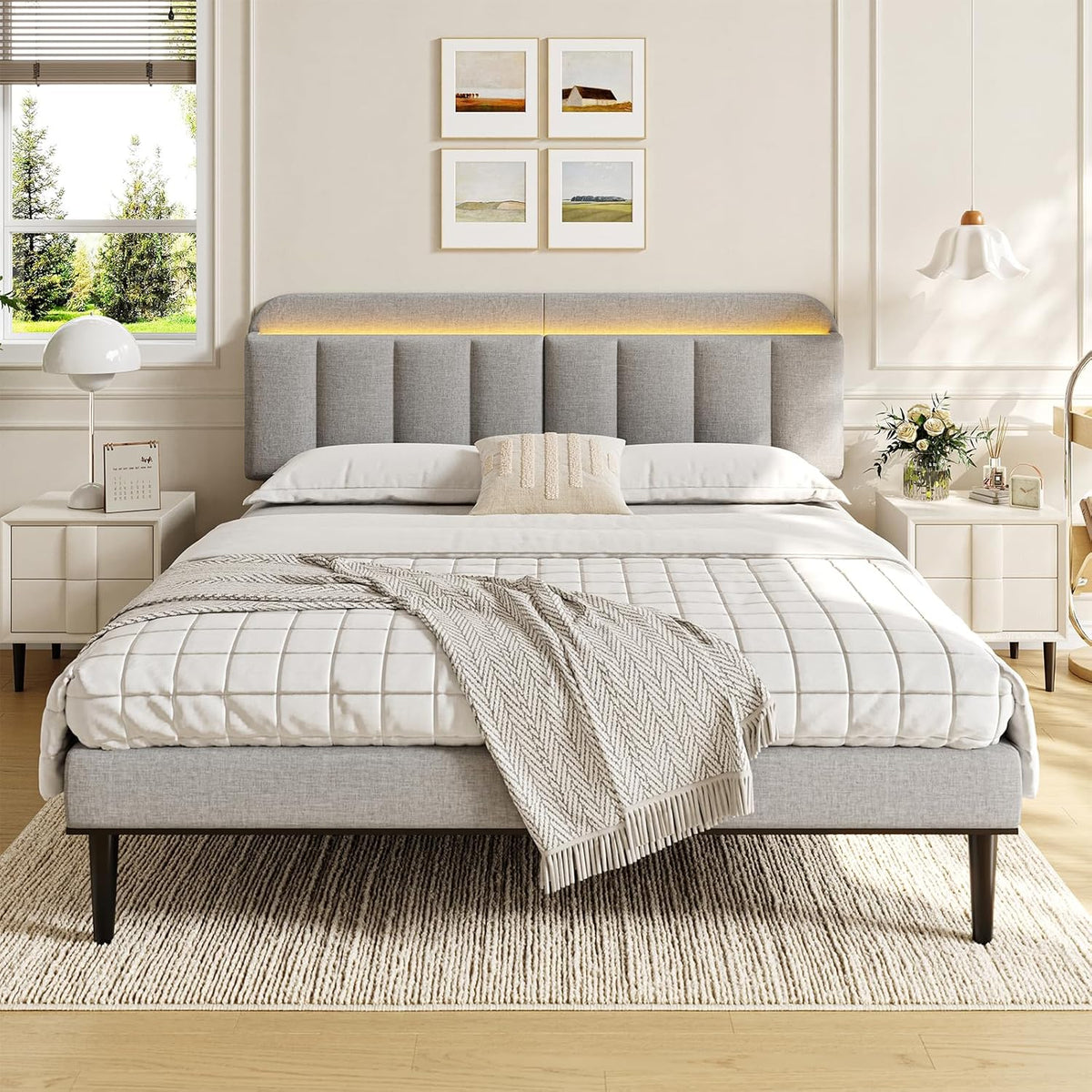 ONBRILL Adjustable Headboard for King/California King Size Bed Frame, Linen Fabric Bed Headboard with Storage & RGB LED Light in Modern Vertical
