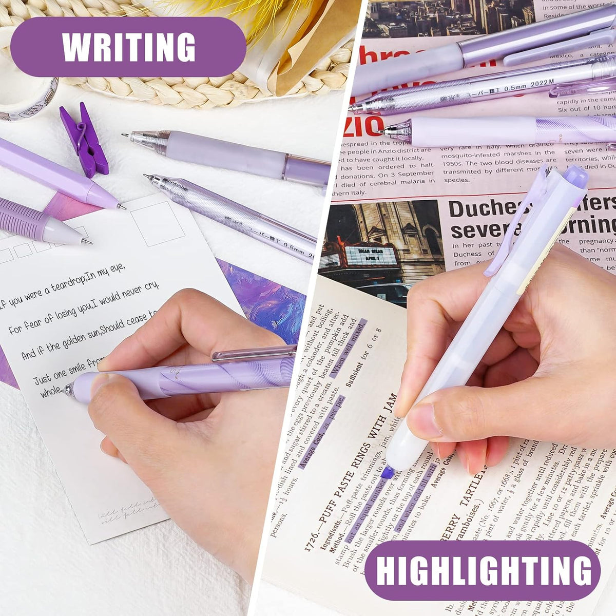 Four Candies Lavender Series Gel Pens, Black & Purple Ink Writing Pens with 0.5 mm Smooth Fine Point, School Office Stationery Supplies Desk