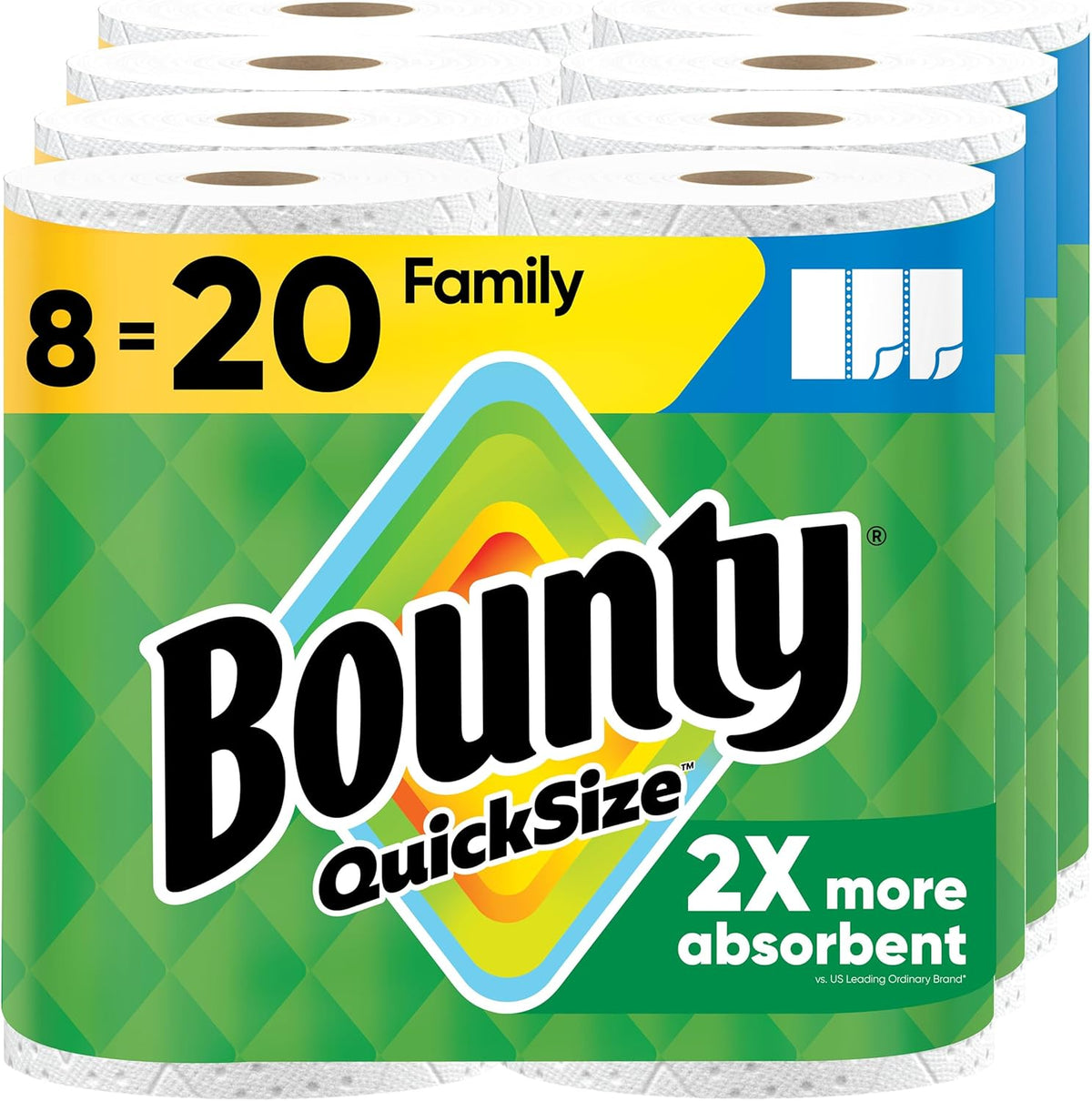 Bounty Quick Size Paper Towels, White, 8 Family Rolls = 20 Regular Rolls (Packaging May Vary)