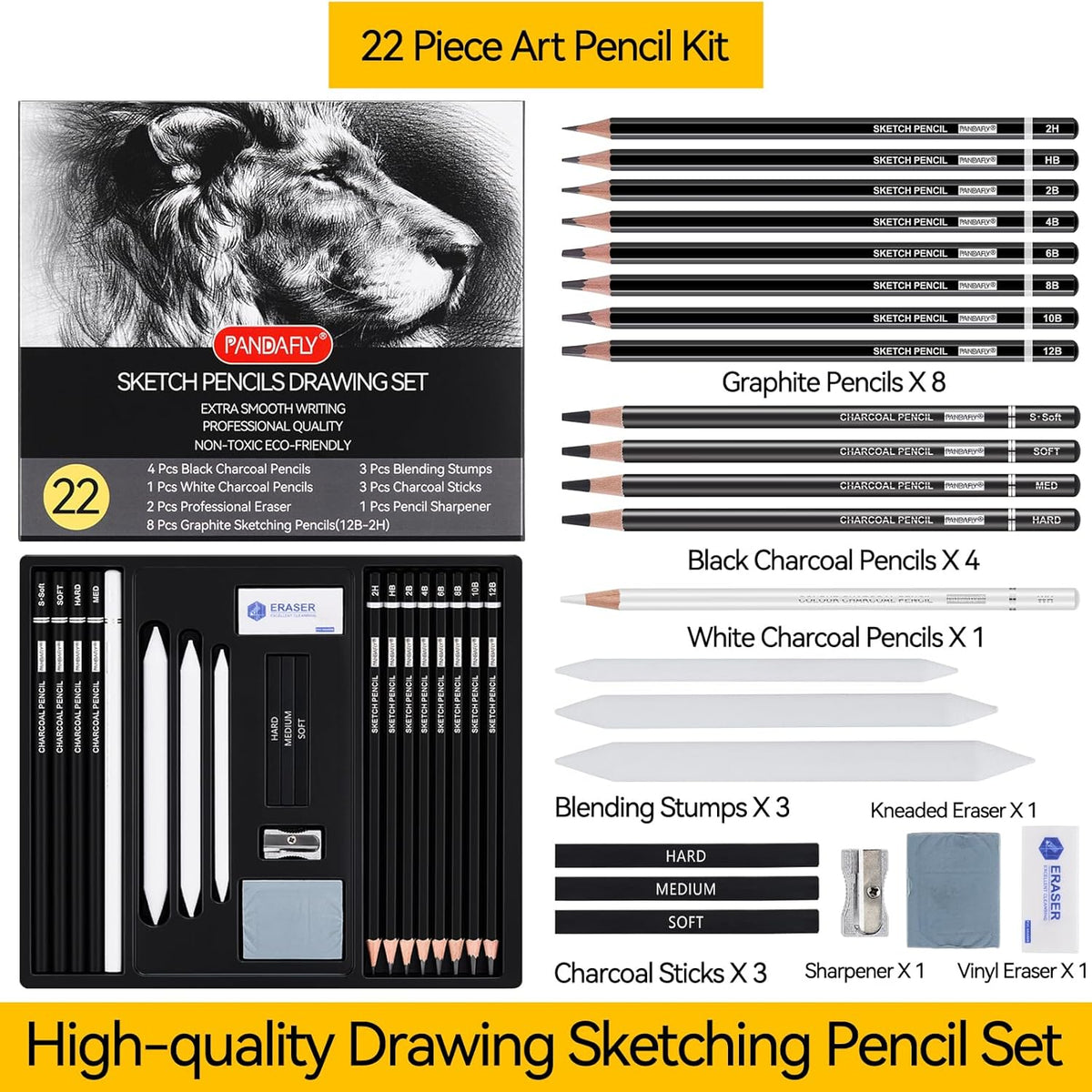 PANDAFLY Drawing Sketching Pencil Set, 22 Piece Pro Art Pencil Kit - Graphite Pencils (12B-2H), Black and White Charcoal Pencils, Charcoal Sticks