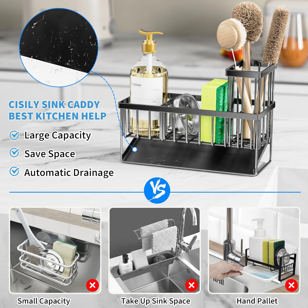 Cisily Kitchen Sink Caddy Organzier with High Brush Holder, Sponge Holder for Sink, 304 Rustproof Stainless, Kitchen Countertop Soap Dispenser