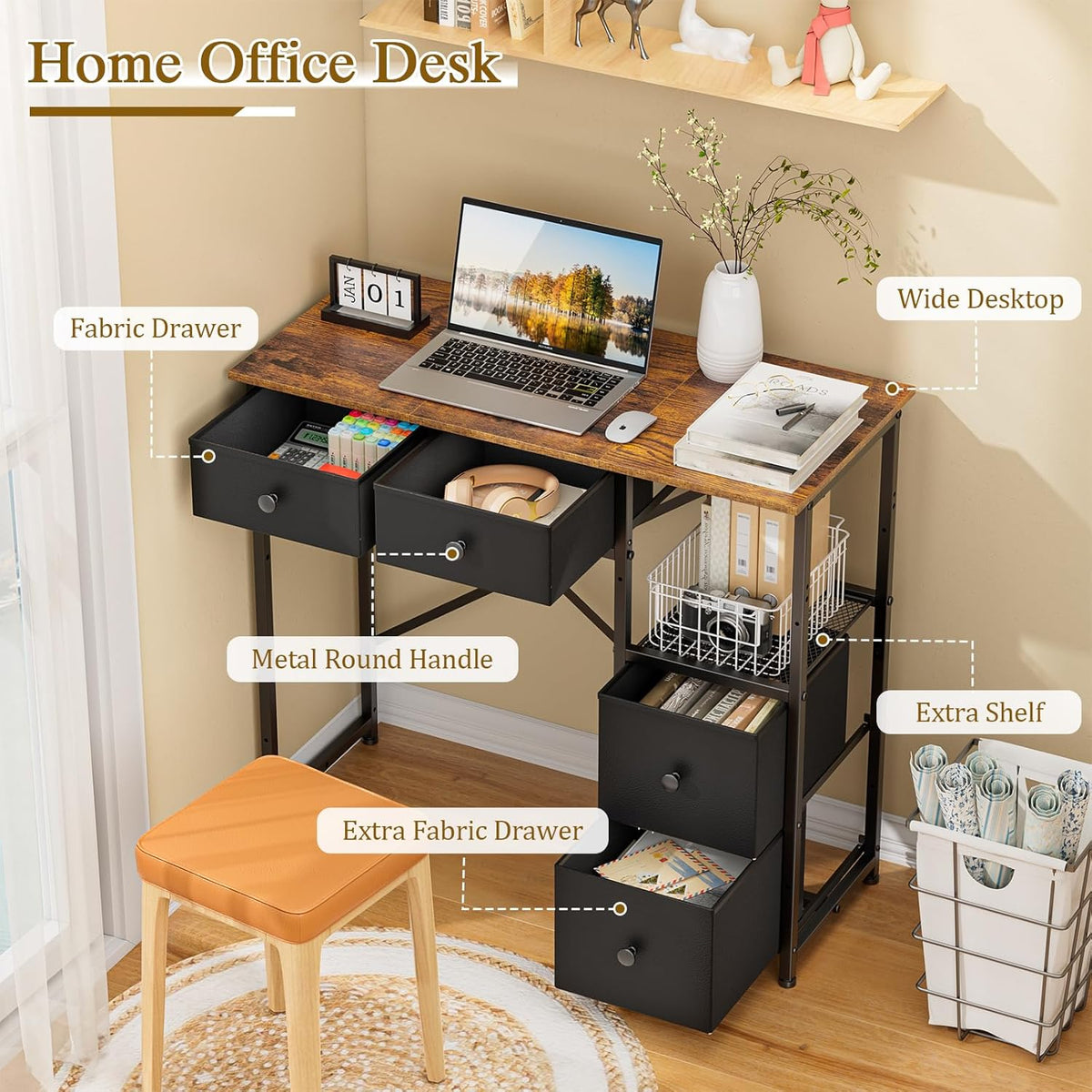 Small Computer Desk with 4 Fabric Drawers, Simple Writing Desk for Home Office, Compact Study Desks for Small Spaces, Kids Desk Study for Bedroom