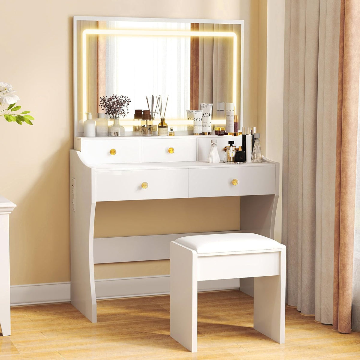 COMHOMA Makeup Vanity Desk with Mirror and Lights, Vanity Table and Chair Set with 5 Drawers and Charging Station, Bedroom Dresser LED Mirror