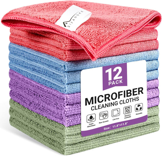 Microfiber Cleaning Cloth, 12 Pack Assorted Color Cleaning Rags for Housekeeping, Colorful Reusable Microfiber Towels for Car, Kitchen, Bathroom and