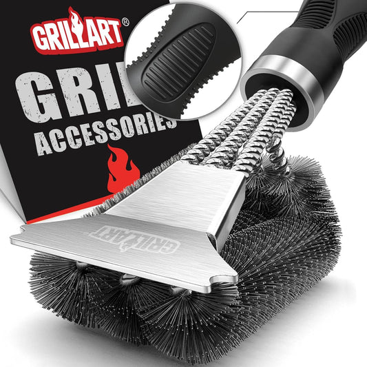GRILLART Grill Brush and Scraper, Extra Strong BBQ Cleaner Accessories, Safe Wire Bristles Barbecue Triple Scrubbers Cleaning Brush for Gas/Charcoal