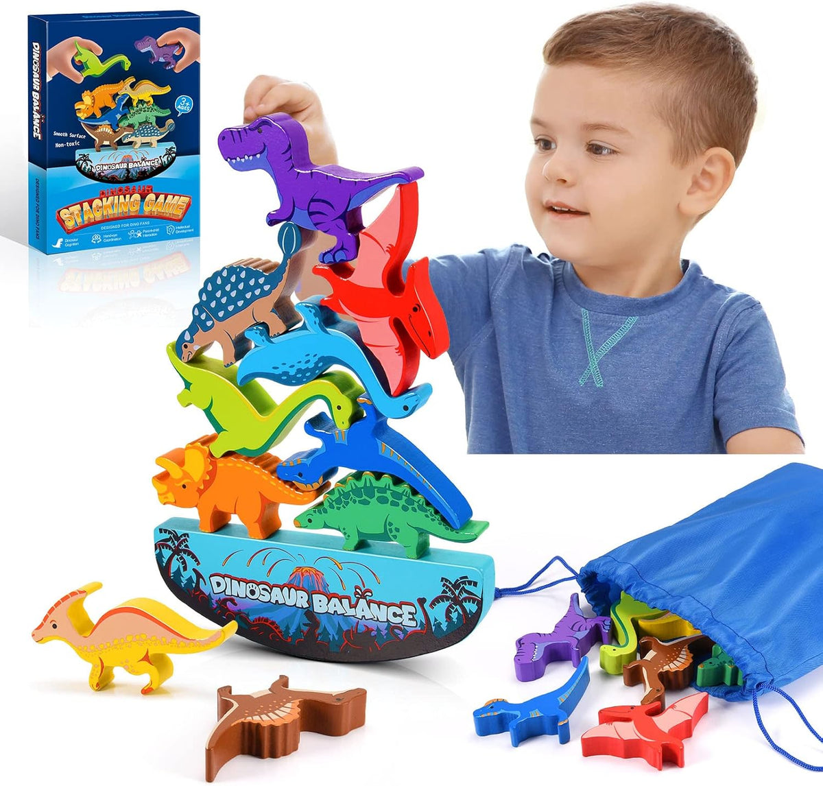 Dinosaur Toys for Kids 3-5: Wooden Stacking Montessori Toys for 3 4 5 6 7 8 Year Old Boys Girls Christmas Birthday Gifts for Kid Ages 4-8 Balance