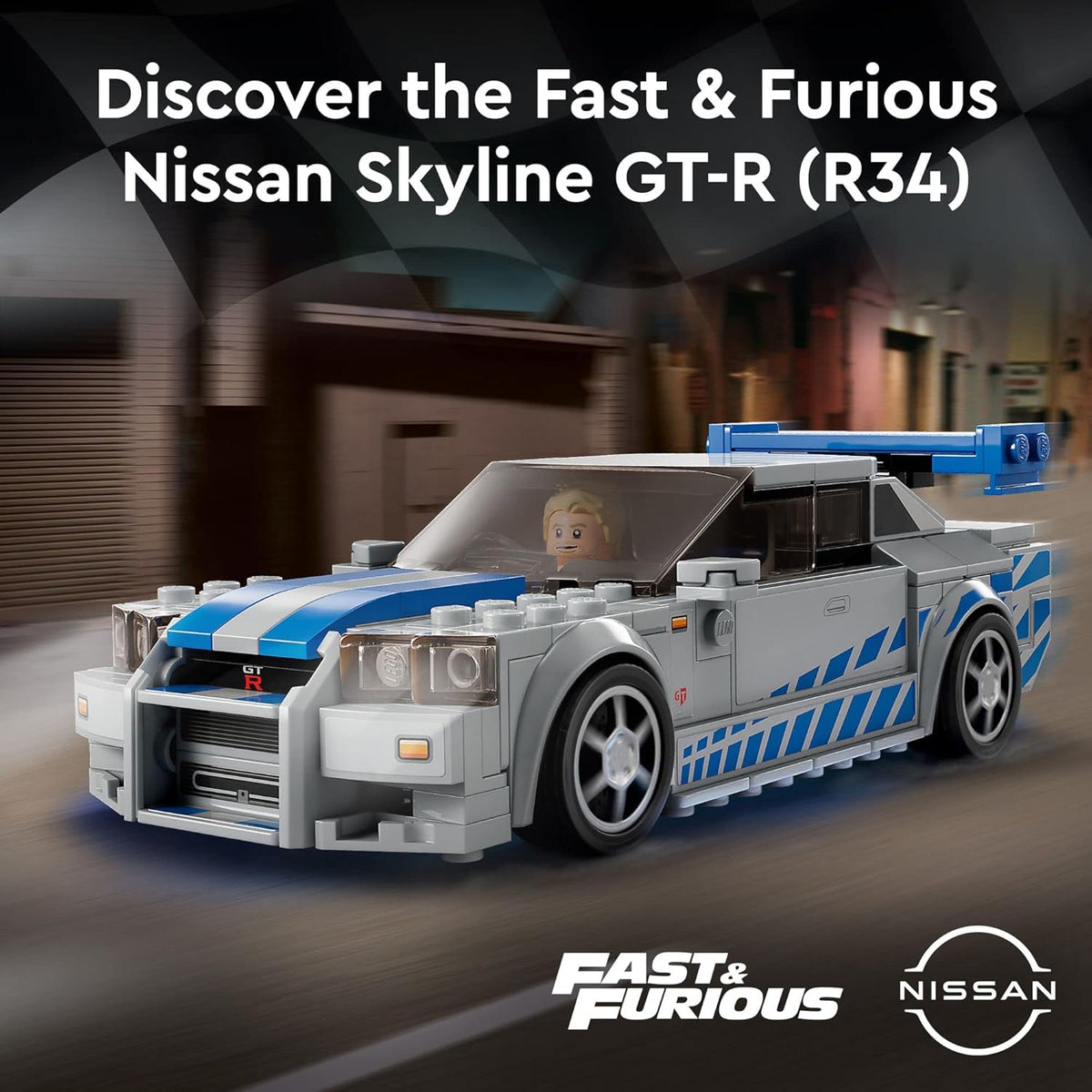 LEGO Speed Champions 2 Fast 2 Furious Nissan Skyline GT-R (R34), Race Car Toy Model Building Kit, Collectible with Racer Minifigure, 2023 Set for