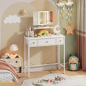 Small Makeup Vanity Desk 27.5''W with Mirror and Lights, Vanity Desk with 3 Fabric Drawers and Height-Adjustable Stand, Vanity Table for Girls Gifts