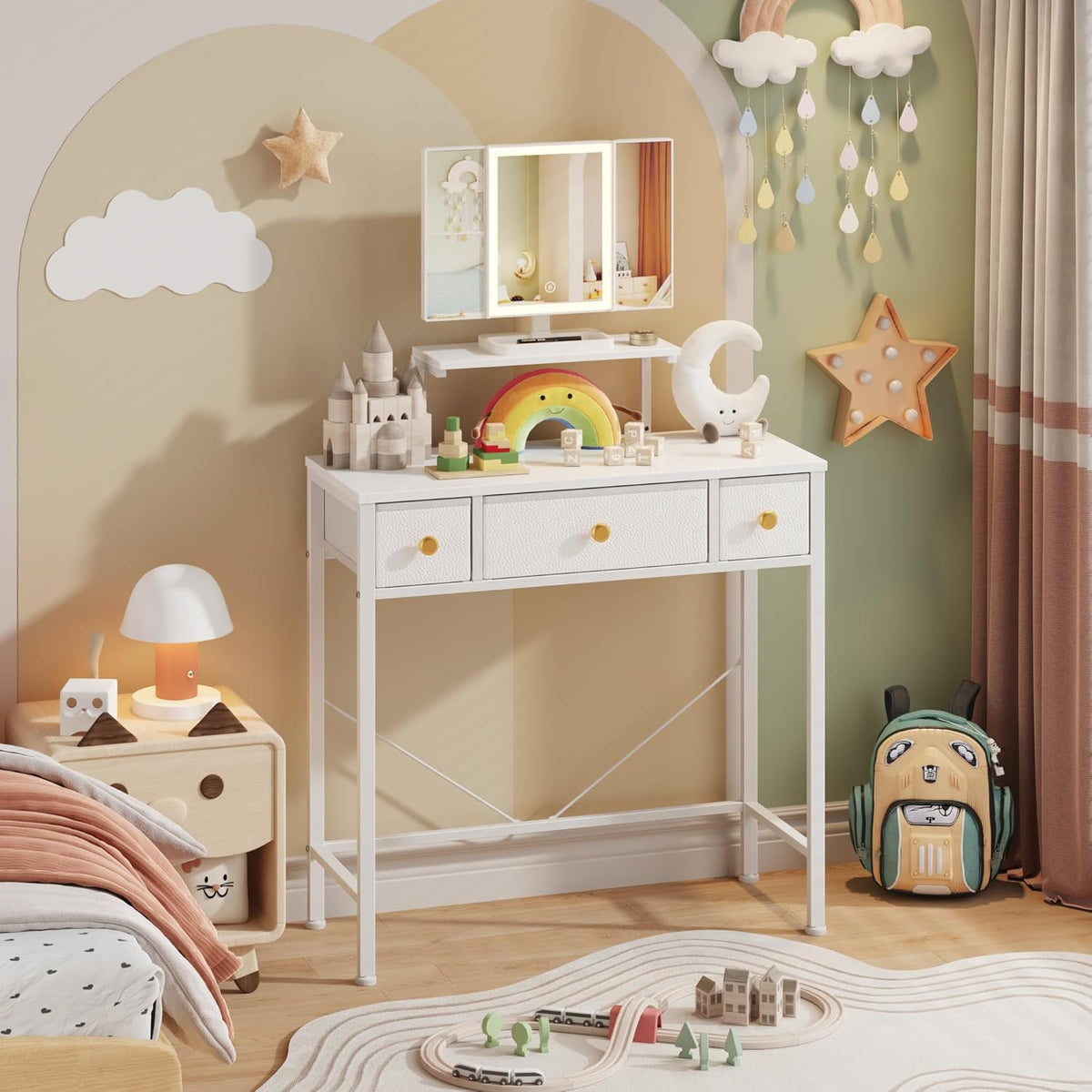 Small Makeup Vanity Desk 27.5''W with Mirror and Lights, Vanity Desk with 3 Fabric Drawers and Height-Adjustable Stand, Vanity Table for Girls Gifts