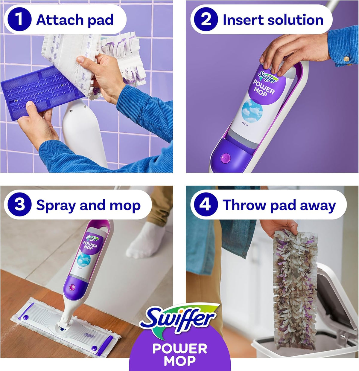 Swiffer PowerMop Multi-Surface Mop Kit for Floor Cleaning, Includes PowerMop, 2 Mopping Pad Refills, 1 Cleaning Solution with Fresh Scent and 2