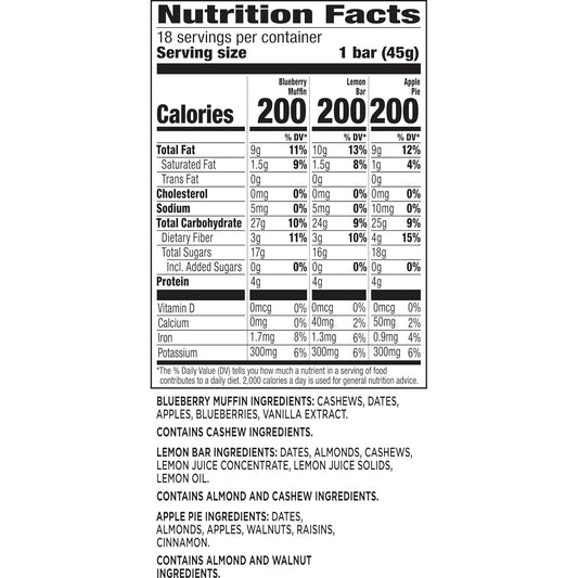 LARABAR Fruit & Nut Bars Variety Pack 18 Count (1.6 oz Each), Blueberry Muffin Lemon Apple Pie, Vegan Gluten Free Dairy Free Plant Based, Granola