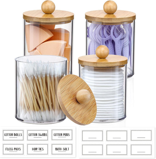 4 Pack Qtip Holder Dispenser with Bamboo Lids - 10 oz Clear Plastic Apothecary Jar Containers for Vanity Makeup Organizer Storage - Bathroom