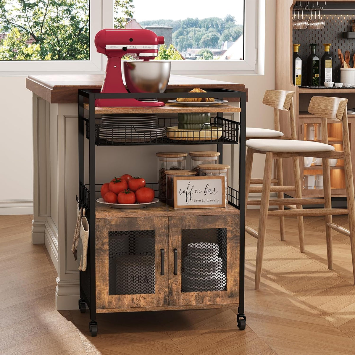 Coffee Bar Cabinet, 3 Tier Coffee Station Table on Wheels, 35.9" H Bar Cart with Wire Basket Drawer & 5 Hooks for Home Kitchen, Liquor Buffet
