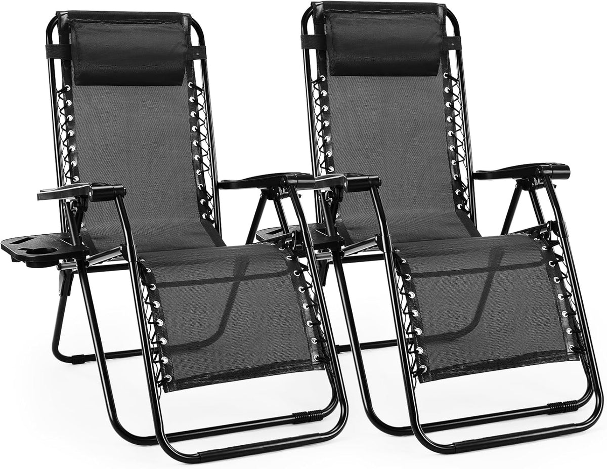 Sweetcrispy Zero Gravity Chairs, Set of 2 Portable Recliner Beach Camping Patio Outdoor Folding Lounge Chair with Cup Holder Trays and Adjustable