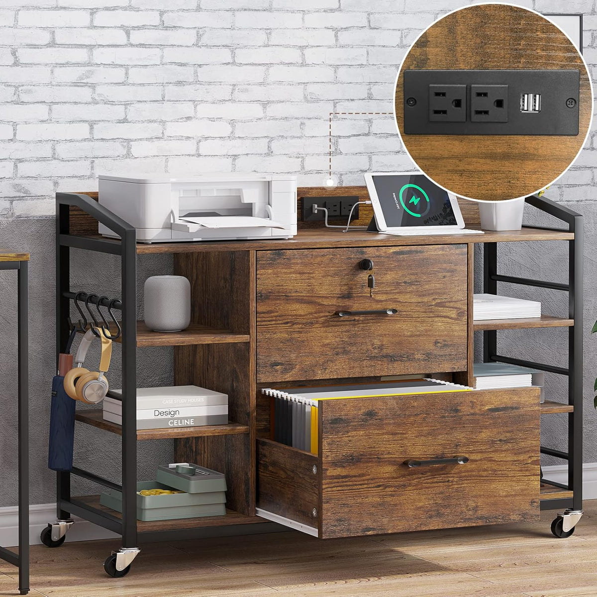 SEDETA 44" File Cabinet, Filing Cabinet fits Legal/Letter Size, 2 Drawer File Cabinets for Home Office with Lock, Power Strip, 6 Storage Shelves