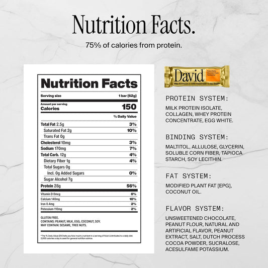 David High Protein Bars No Sugar - Sugar Free Protein Bars, Low Carb, Gluten Free - 28g of Protein, 150 Calories - David Bar On-The-Go Snack - Peanut